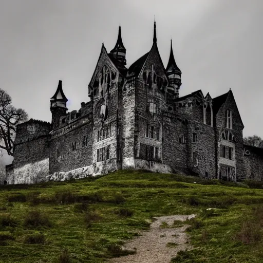 Image similar to Eerie Gothic castle on a hill above above a foreboding boggy landscape