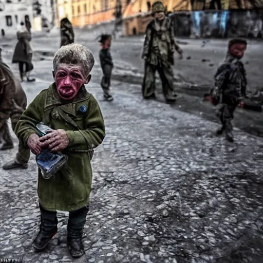 Image similar to ukraine after nuclear war, beggars hungry scary bums and devastation