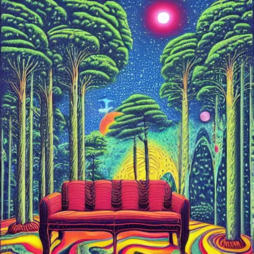 Image similar to psychedelic trippy river pine forest, planets, milky way, sofa, cartoon by rob gonsalves