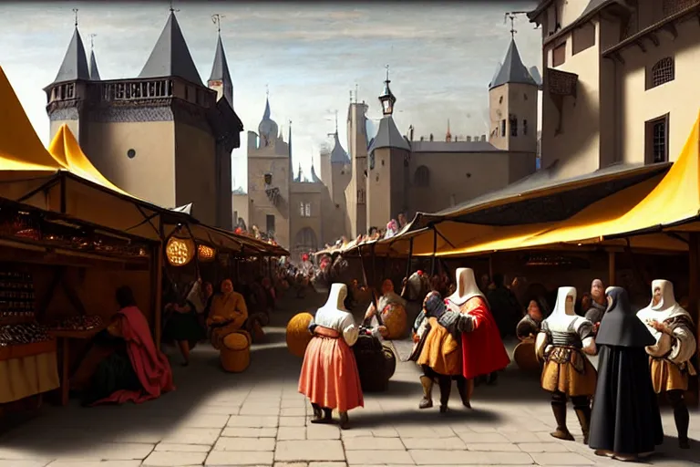 Prompt: A medieval market, between the products being sold are mobile phones, ear phones, laptops, and other devices!! Some people walking around, big depth of field, matte painting, trending on artstation, hyper detailed, sharp, baroque painting, painted by Velazquez