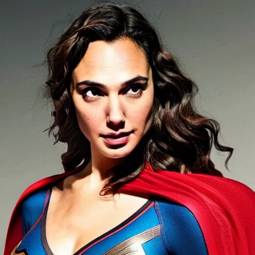 Image similar to a portrait of Gal Gadot wearing Superman suit of Henry Cavill version