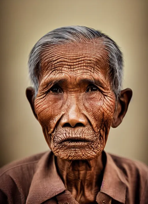 Prompt: portrait of a 1 1 0 year old indonesian man photo by rarindra prakarsa, muted colors, lab colors, symmetrical face, she has the beautiful calm face of her mother, slightly smiling, ambient light