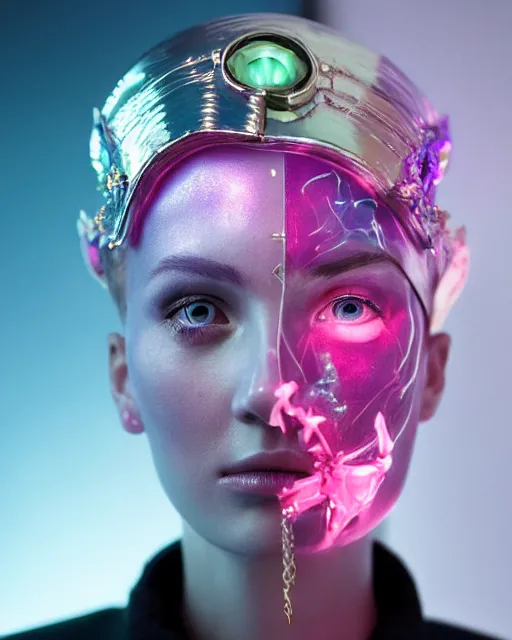 Prompt: natural light, soft focus portrait of a android with soft synthetic pink skin, blue bioluminescent plastics, smooth shiny metal, elaborate ornate head piece, piercings, face tattoo and scars, skin textures, by annie liebovotz, paul lehr,