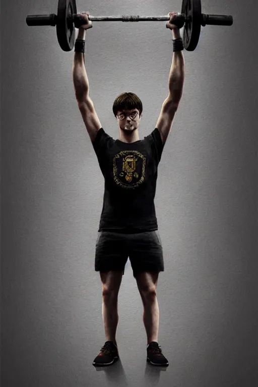 Image similar to highly detailed rendering of Daniel Radcliffe as Harry Potter doing barbell back squats, dingy workout gym, wearing a muscle tee shirt, muscular deep squats, symmetrical, highly detailed, digital painting, artstation, concept art, smooth, sharp focus, illustration, cinematic lighting, art by artgerm and greg rutkowski and alphonse mucha