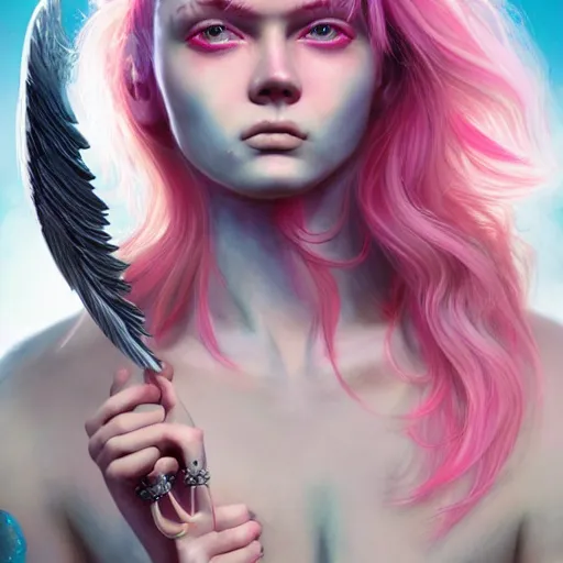 Image similar to beautiful warrior angel with pink hair, upper body, blue piercing eyes, mystery, beautiful aesthetic, by james jean, trending on artstation, 8 k, ultra realistic