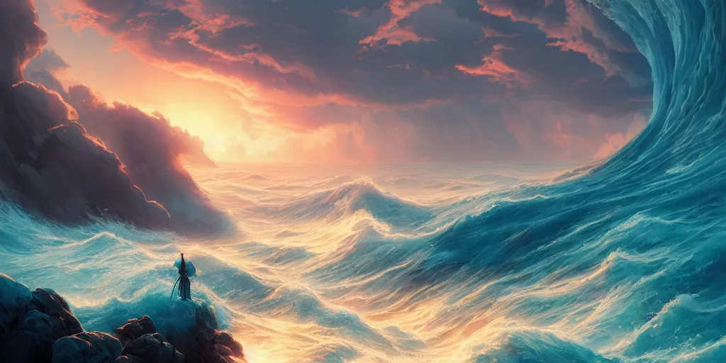 Image similar to fantasy painting of a vast ocean with a sunset, intricate abstract. delicate artwork. by tooth wu, wlop, beeple, dan mumford. octane render, trending on artstation, greg rutkowski very coherent symmetrical artwork. cinematic, hyper realism, high detail, octane render, 8 k, depth of field, bokeh. chrome accents.
