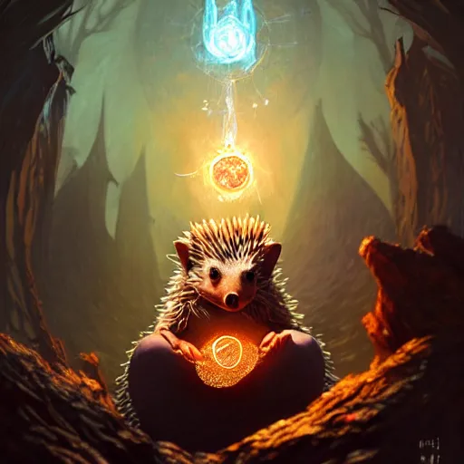 Image similar to Hedgehog healer, spell, magic the gathering artwork, D&D, fantasy, cinematic lighting, centered, symmetrical, highly detailed, digital painting, artstation, concept art, smooth, sharp focus, illustration, volumetric lighting, epic Composition, 8k, art by Akihiko Yoshida and Greg Rutkowski and Craig Mullins, oil painting, cgsociety