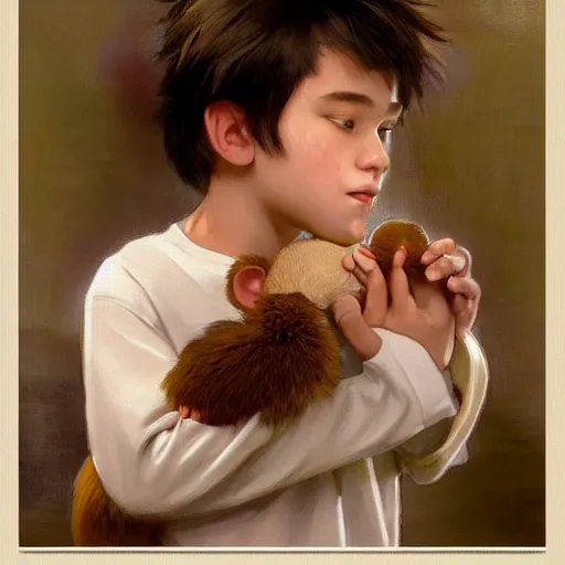 Image similar to young boy wearing white fabric pajama with cartoon paintings on it hugging a small monkey in his hands. highly detailed, digital painting, artstation, concept art, smooth and sharp focus, cg by tian zi and wlop and alphonse mucha