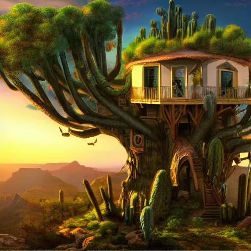 Image similar to fancy treehouse mansion built in a giant cactus on top of plateau with amazing panoramic view of colorful sunset over the grand canyon detailed luminescent airbrushed magical realism painting 4 k