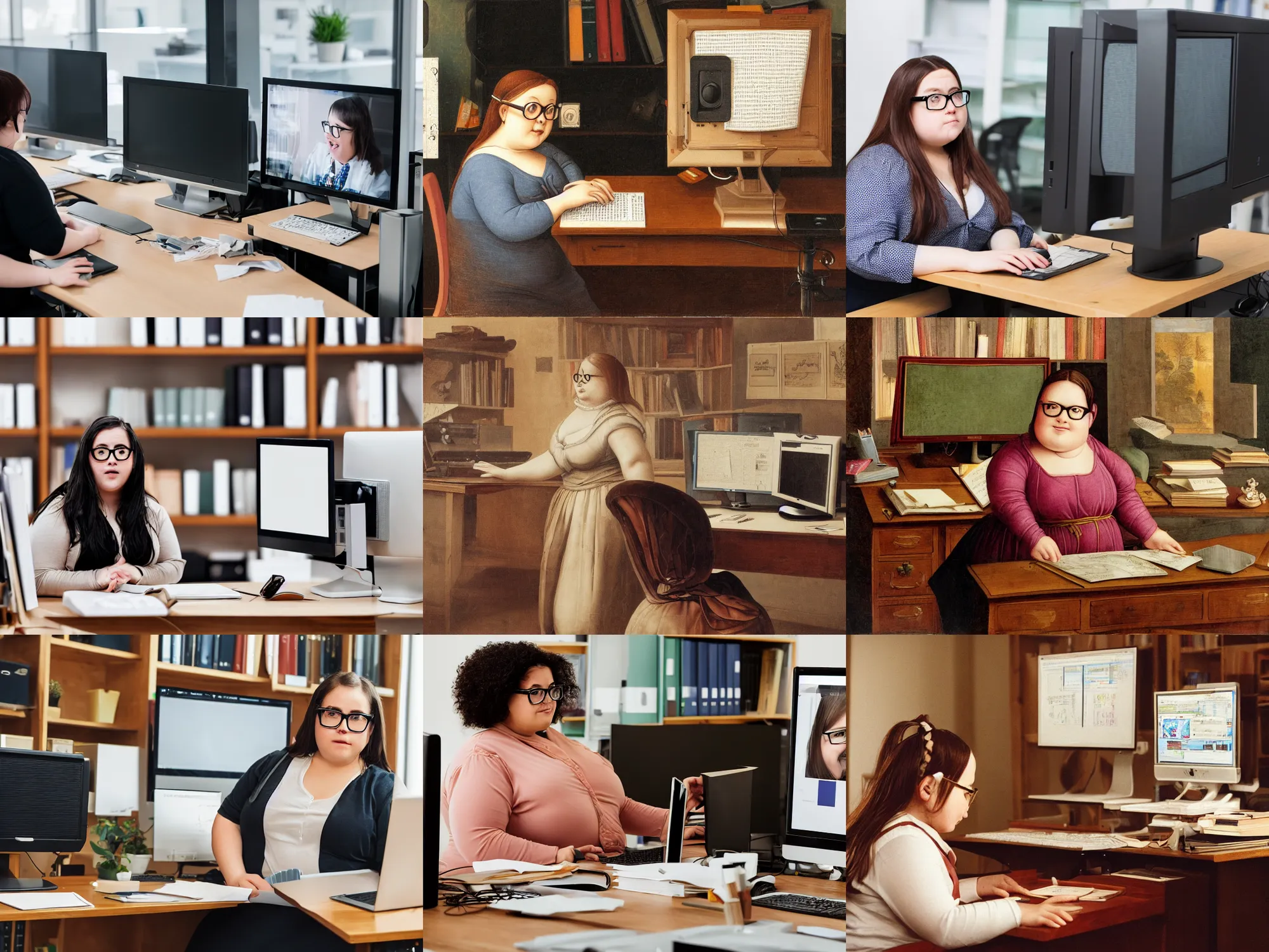 Prompt: an office with a chubby girl with glasses in front of a desktop pc typing, renaissance, wooden frame