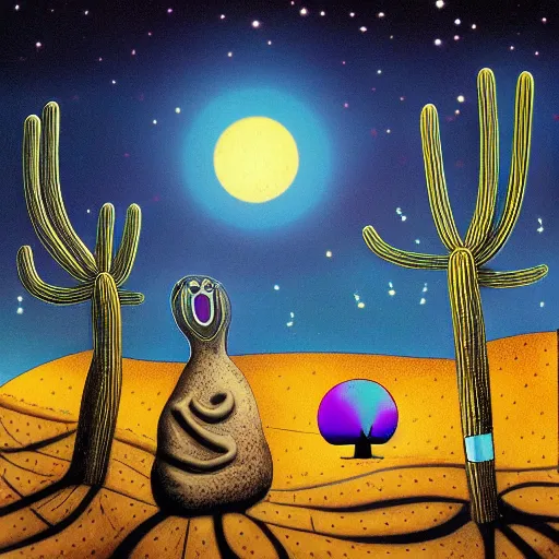 Image similar to oasis in the dessert, night, animals, psychedelic, realistic by tim burton.