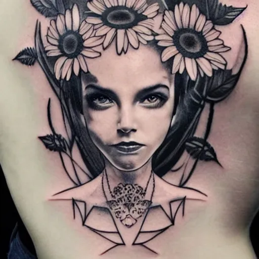 Prompt: tattoo design, stencil, portrait of a princess by artgerm, symmetrical face, beautiful, daisy flower
