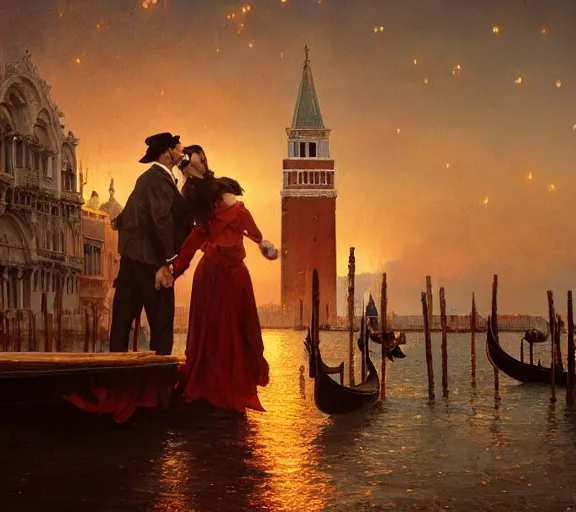 Image similar to photography of a 1 8 th couple in venice with fireworks, deep focus, intricate, elegant, highly detailed, digital painting, artstation, concept art, matte, sharp focus, illustration, art by artgerm and greg rutkowski and alphonse mucha and gil elvgren