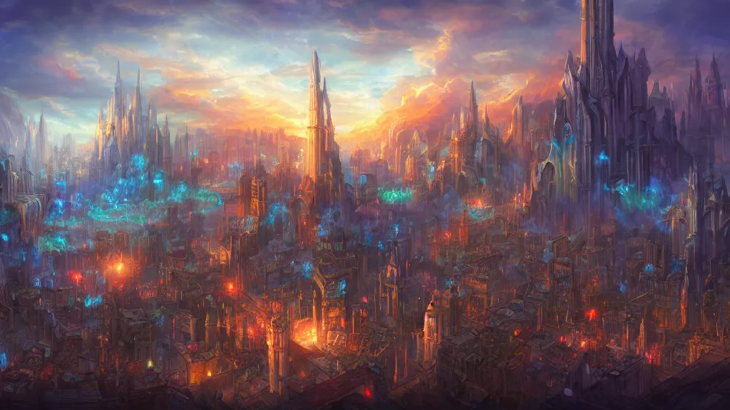 Prompt: city of mages. fantasy, digital painting, hd, detailed.