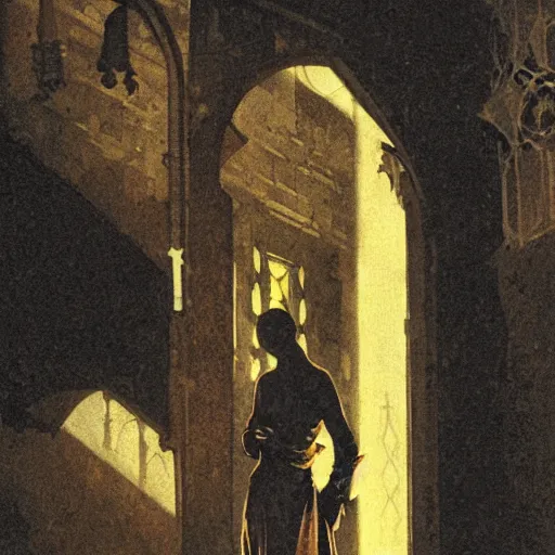 Image similar to Close up of a young, thin and stern catholic priest in his thirties fervently praying as he is about to die from the ominous terrifying Lovecraftian yellow shadow descending upon him from the night sky. he is at the top of a medieval tower. Low angle, dramatic lighting. Art by Greg Rutkowski and Alphonse Mucha