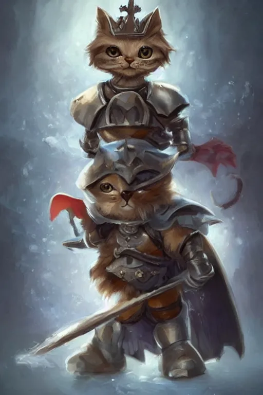 Image similar to cute little anthropomorphic cat knight wearing a cape and a crown, tiny, small, miniature cat , baby animal, short, pale blue armor, cute and adorable, pretty, beautiful, DnD character art portrait, matte fantasy painting, DeviantArt Artstation, by Jason Felix by Steve Argyle by Tyler Jacobson by Peter Mohrbacher, cinematic lighting