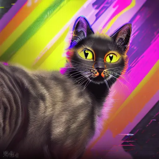 Image similar to a cat with rainbow fur in the style of cyberpunk 2077, 8k, hd