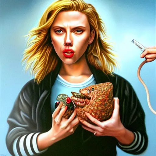 Prompt: a hyperrealistic painting of Scarlett Johansson eating a rat by Jason Edmiston,