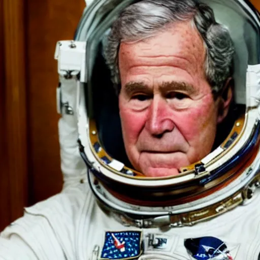 Prompt: president bush, wear astronaut helmet, in oval office, realistic