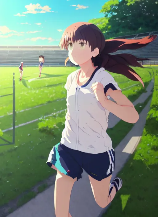 Prompt: portrait of high school runner girl, sunny sky background stadium landscape illustration concept art anime key visual trending pixiv fanbox by wlop and greg rutkowski and makoto shinkai and studio ghibli and kyoto animation real face short down hair sports clothing marathon race sponsors nike shirt