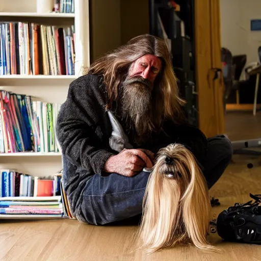 Image similar to homeless man with long beard and long hair sitting at his computer in an asylum, headphones on head, yorkshire terrier sitting beside him, film still 4 k 8 k