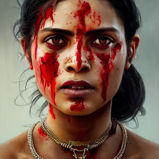 Prompt: portrait painting of a bloodied bengali female butcher, ultra realistic, concept art, intricate details, eerie, highly detailed, photorealistic, octane render, 8 k, unreal engine. art by artgerm and greg rutkowski and alphonse mucha