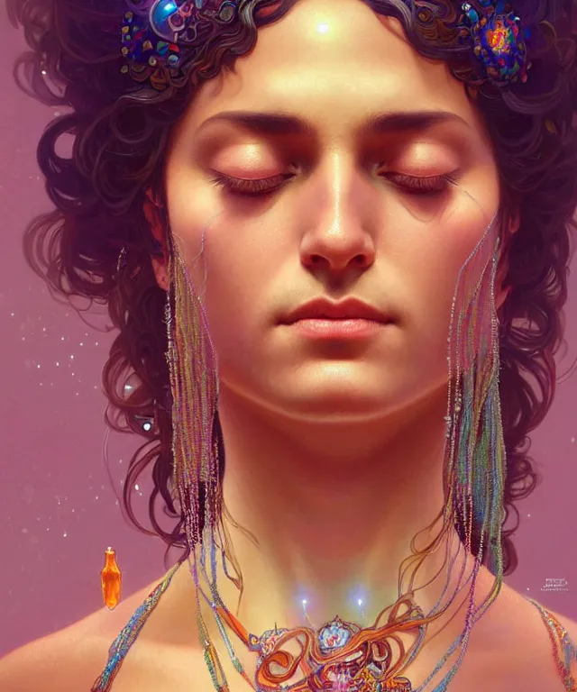 Image similar to a meditating new age hippie with beads and crystals, portrait, intricate, elegant, highly detailed, digital painting, artstation, concept art, smooth, sharp focus, illustration, art by artgerm and greg rutkowski and alphonse mucha