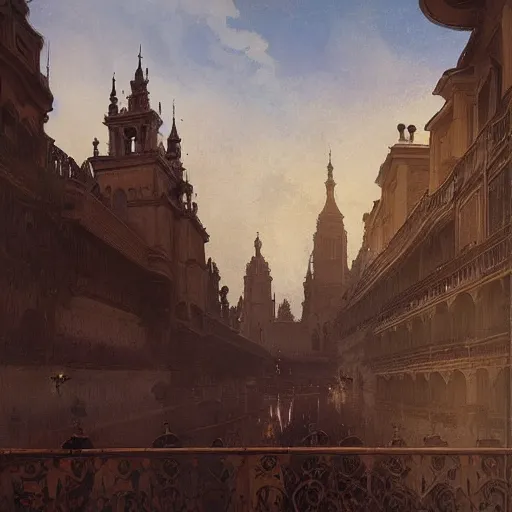 Image similar to sevilla city of spain, reflexions, verry high details by william turner art, greg rutkowski and alphonse mucha, trending on artstation, very very detailed, masterpiece,