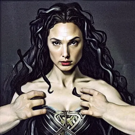 Image similar to gal gadot as medusa on her face an expression of horror and her hair is all writhing serpents by caravaggio