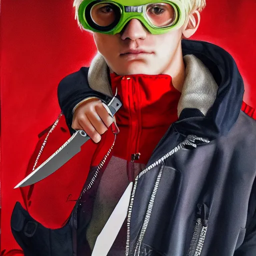 Image similar to a blonde teenager, goggles, red jacket, knife in his mouth, knife in his right hand and a knife in his left hand, photorealistic, hd, high details