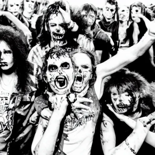 Image similar to zombies at a punk rock concert, highly detailed photo from 1985, black and white