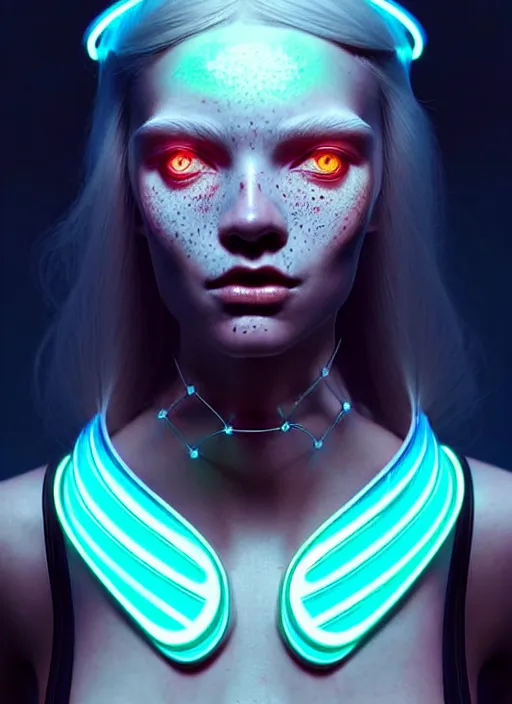 Image similar to beautiful scandinavian female humanoid with freckles, by loish, d & d, fantasy, cyber neon lighting, futurism, intricate futuristic jewelry accessories, cyberpunk high fashion glossy latex swimsuit, profile posing, perfect anatomy, hyper photorealistic, digital photography, artstation, pinterest, concept art, art by pascal blanche and greg rutkowski,