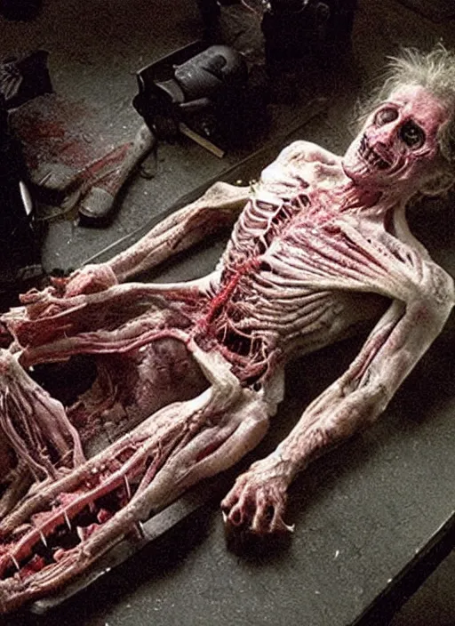 Prompt: a cinematographic photograph of a human corpse horror practical fx by david cronenberg