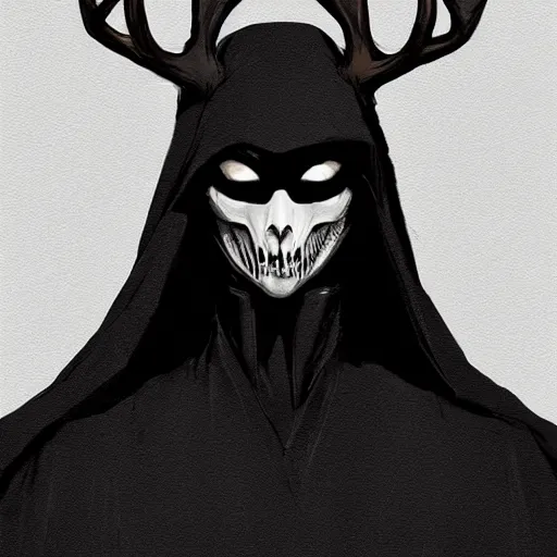 Image similar to portrait of a character wearing a black cloak, with a white mask in the shape of a deer skull, the mask covers her entire face, there are no antlers, dramatic lighting, illustration by Greg rutkowski, yoji shinkawa, 4k, digital art, concept art, trending on artstation
