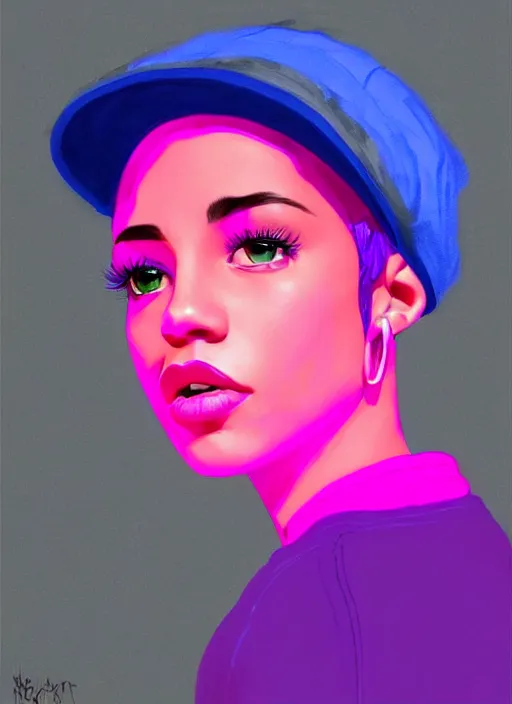 Image similar to portrait of teenage vanessa morgan with bright pink hair, black girl, curly pixie cut hair, wearing newsboy cap, pink short haircut, newsboy cap, hoop earrings, blue eyes, intricate, elegant, glowing lights, highly detailed, digital painting, artstation, concept art, smooth, sharp focus, illustration, art by wlop, mars ravelo and greg rutkowski