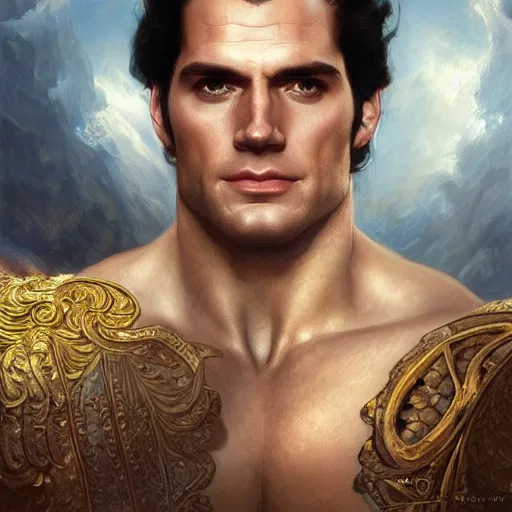 Image similar to henry cavill as a heavenly god, upper body, muscular, fantasy, intricate, elegant, highly detailed, digital painting, artstation, concept art, smooth, sharp focus, illustration, art by artgerm and greg rutkowski and alphonse mucha