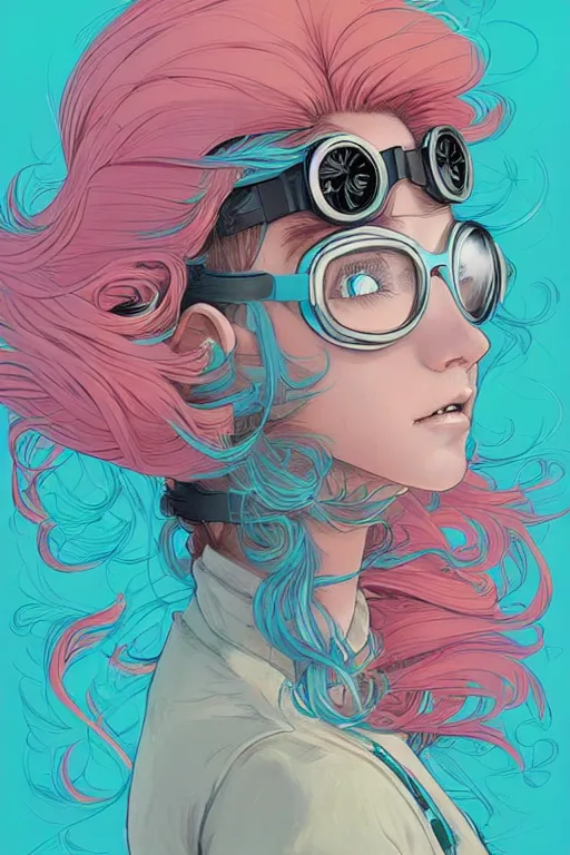 Image similar to portrait painting of a teenage girl with swept back wild aquamarine hair, fashionable, windy, goggles, sharp focus, award - winning, trending on artstation, masterpiece, highly detailed, intricate. art by josan gonzales and moebius and deathburger