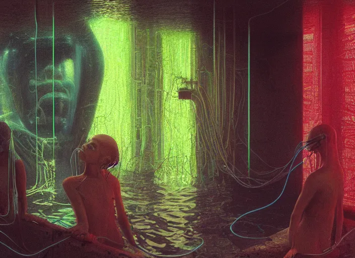 Image similar to face in water, neon, they are watching, RGB, glowing wires everywhere, pristine, by Edgar Maxence and Ross Tran, Zdzisław Beksiński, and Michael Whelan, distant, gustav dore, H.R. Giger, 8k, octane render