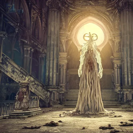 Prompt: a rotting zombie angel in front of a nation of worshippers, exterior cathedral, ultrafine colored illustration, hyperrealistic, cinematic atmosphere, intricate linework, sharp focus, octopath traveler, final fantasy, unreal engine highly rendered, global illumination, radiant light, intricate environment