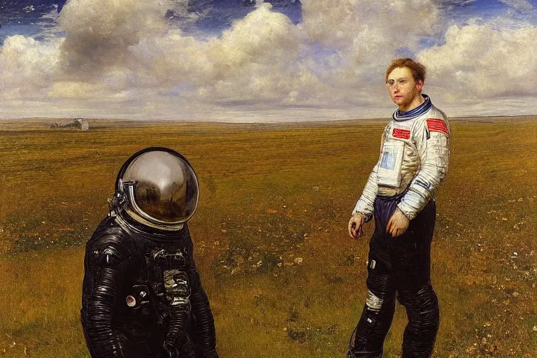 Image similar to sad portrait of an astronaut in a meadow by sir john everett millais, photorealistic, hyperdetailed, ethereal, masterpiece, oil painting