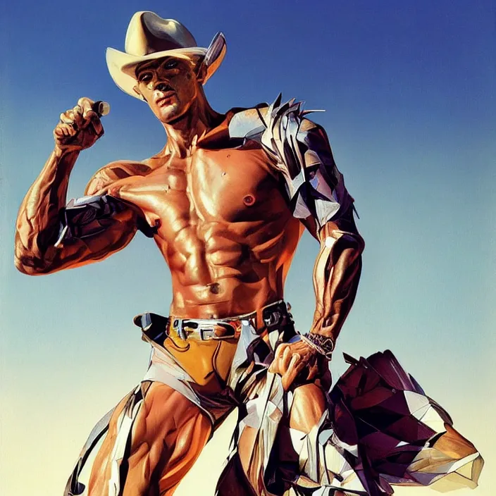 Image similar to muscular cowboy, full body, high fashion, futurism, aerodynamic, flowing, intricate, slick, highly detailed, digital painting, vogue, concept art, smooth, sharp focus, hd, art by syd mead and john berkey and annie leibovitz