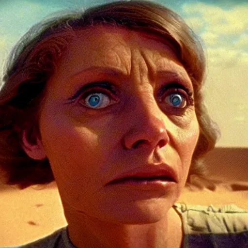 Prompt: woman with giant eyeballs in the desert 1972 Tarkovsky film, archival footage, technicolor film expired film live-action, 16mm