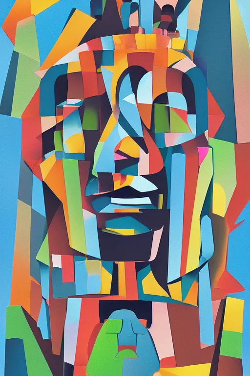 Image similar to cubist moai statue cutout digital illustration cartoon colorful beeple