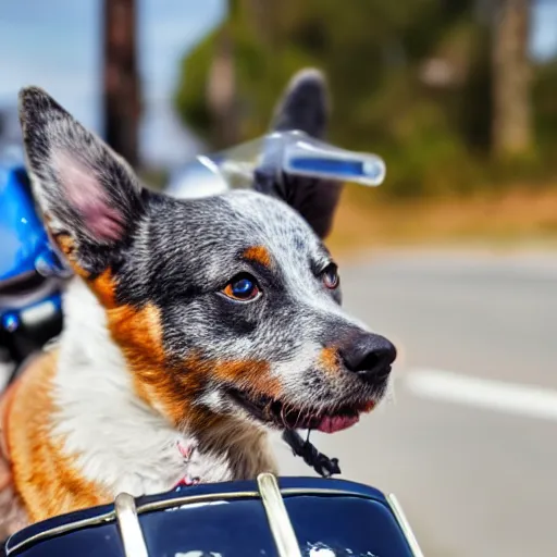 Image similar to blue heeler dog on a motorcycle, 8 k photography, blurred background of a wafflehouse