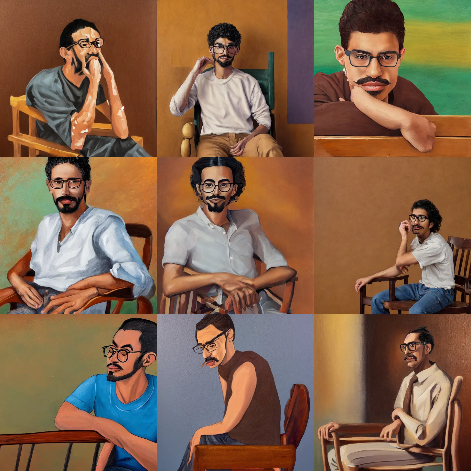 Prompt: 3 / 4 view portrait of a latino skinny young man, brown skin, wavy short hair, goatee, wearing glasses, straight nose, seated on wooden chair, close up, light brown background, painted in the style of salvador dali