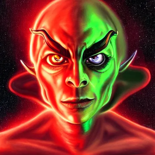 Prompt: realistic alien, medium shot portrait, devil horns,,!!!!! human eyes!!!!!!, green body. red eyes, background flames