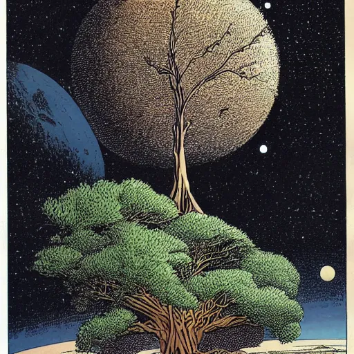 Image similar to a large tree rooted in a rough diamond planet floating in space, by moebius