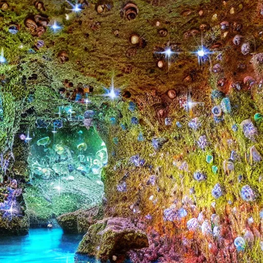 Prompt: a beautiful ultadetailed mossy cavern with sparkling clusters of crystals attached to the walls, gorgeous clear blue water, art by paul davis