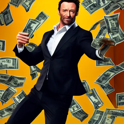 Image similar to full body action shot of hugh jackman at the club partying and taking selfies with friends and a pile of cash in the background in GTA V or GTA VI, 8K, highly detailed, photo realistic