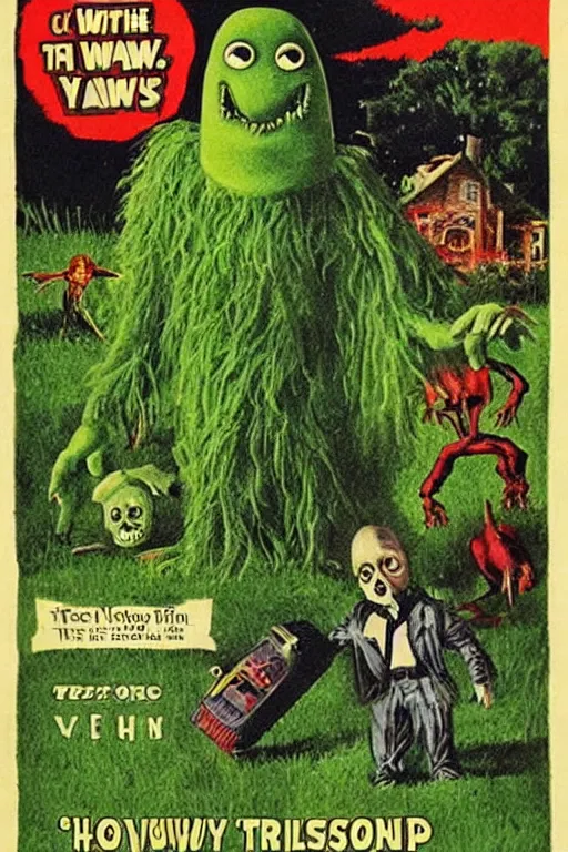 Prompt: lawn monster vintage kids horror movie poster